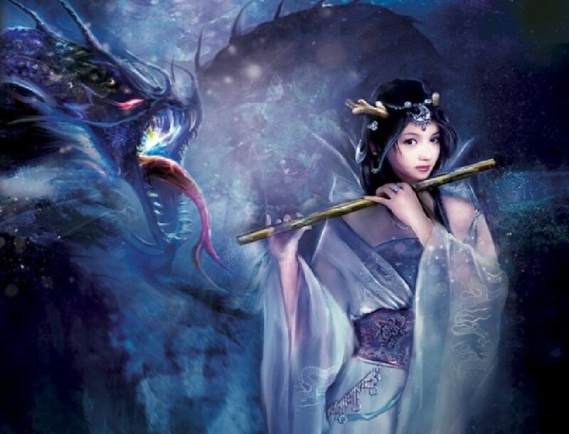 Woman Playing Flute — Blue, Dramatic