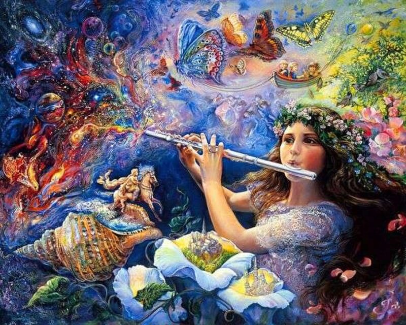 Woman Playing Flute — Blue, Dreamy