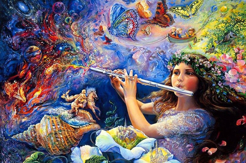 Woman Playing Flute — Blue, Fantastical, Painting