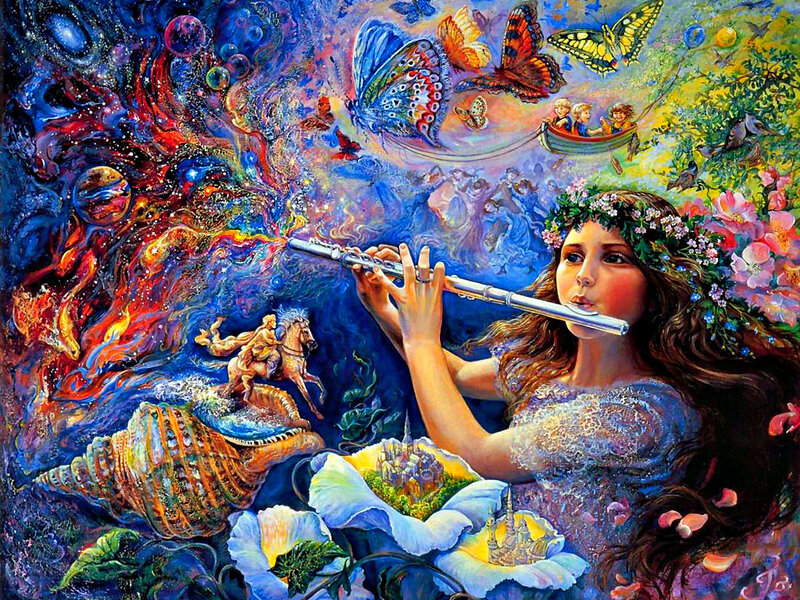 Woman Playing Flute — Blue, Fantastical