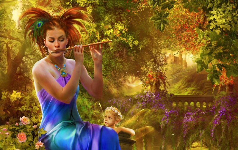 Woman Playing Flute — Blue, Serene, Afternoon, Digital Art, Child