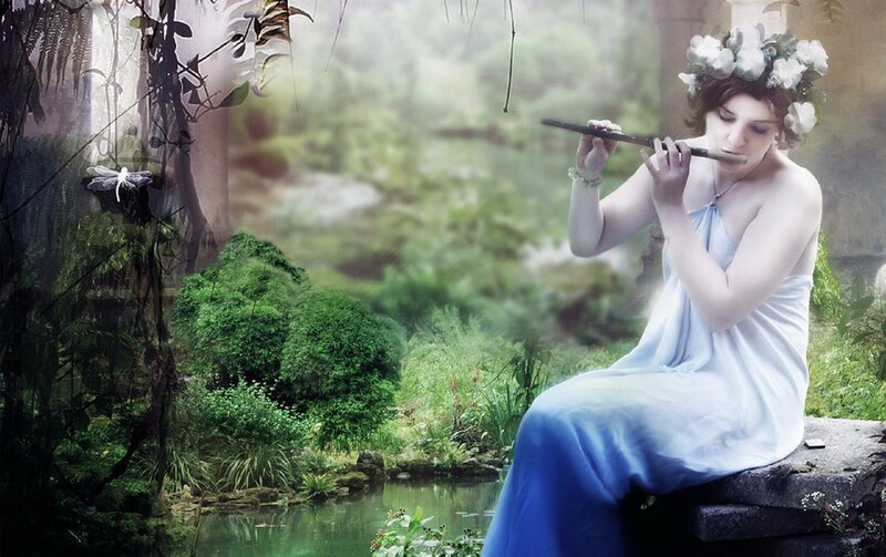 Woman Playing Flute — Blue, Serene, Afternoon