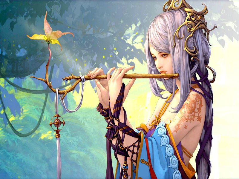 Woman Playing Flute — Blue, Serene, Digital Art, Butterfly, Tattoo