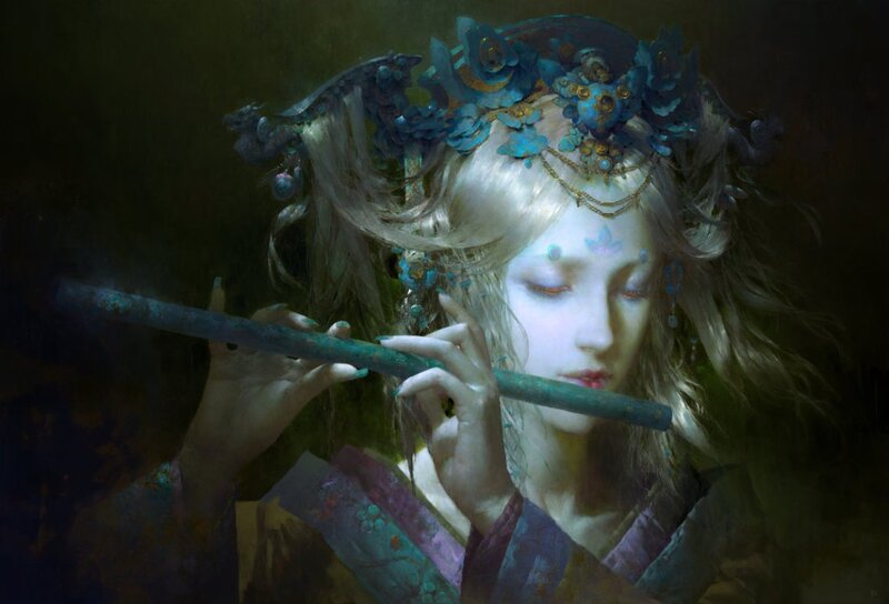 Woman Playing Flute — Blue, Serene, Digital Art, Headdress