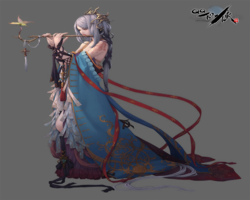 Woman Playing Flute — Blue, Serene, Digital Art