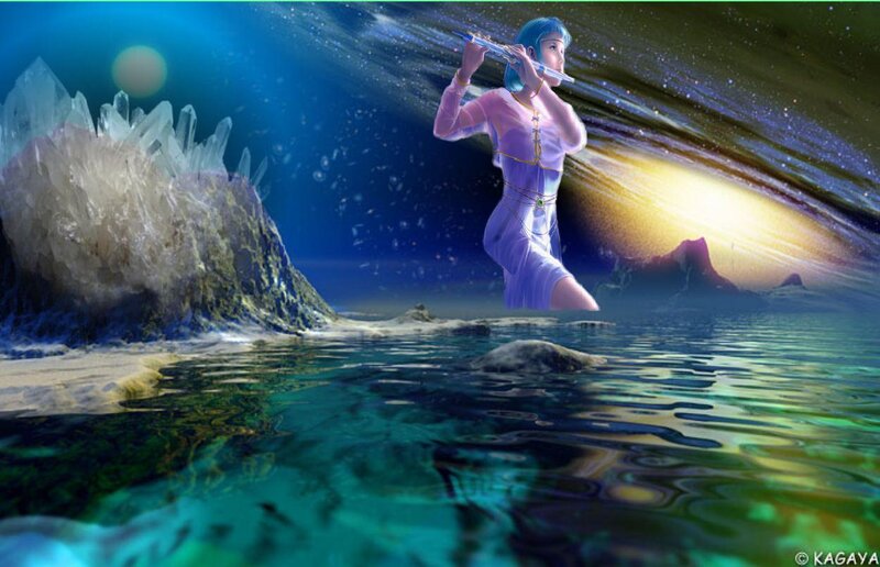 Woman Playing Flute — Blue, Serene, Night, Digital Art, Crystal Formation