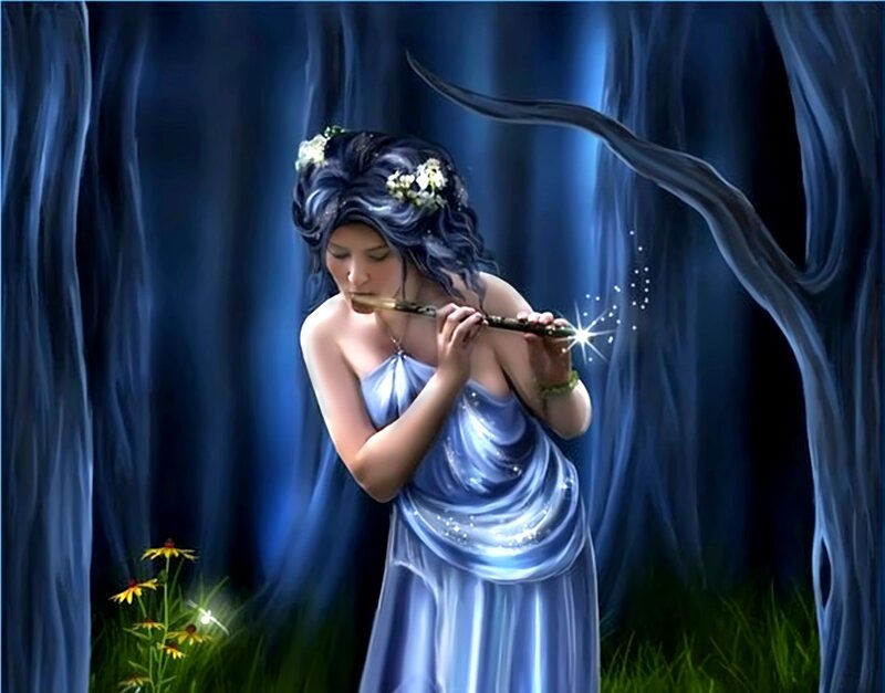 Woman Playing Flute — Blue, Serene, Night