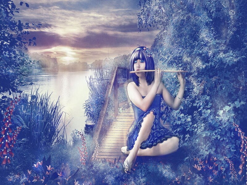 Woman Playing Flute — Blue, Serene, Sunset