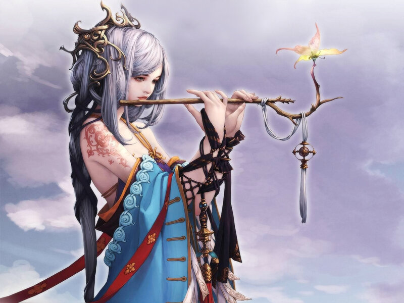 Woman Playing Flute — Blue, Serene