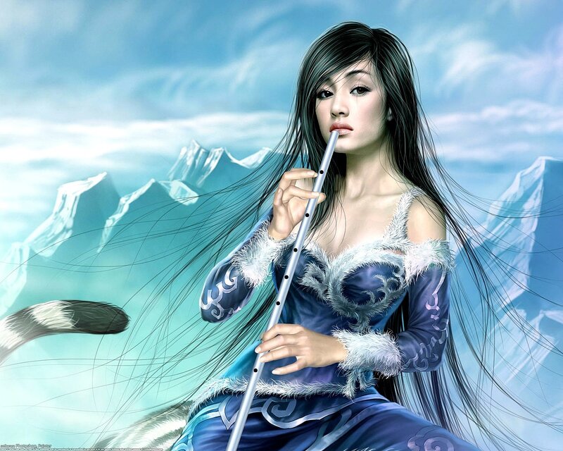 Woman Playing Flute — Blue, Serene, Winter