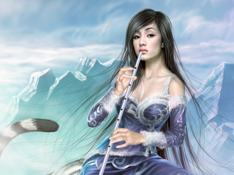 Woman Playing Flute — Blue