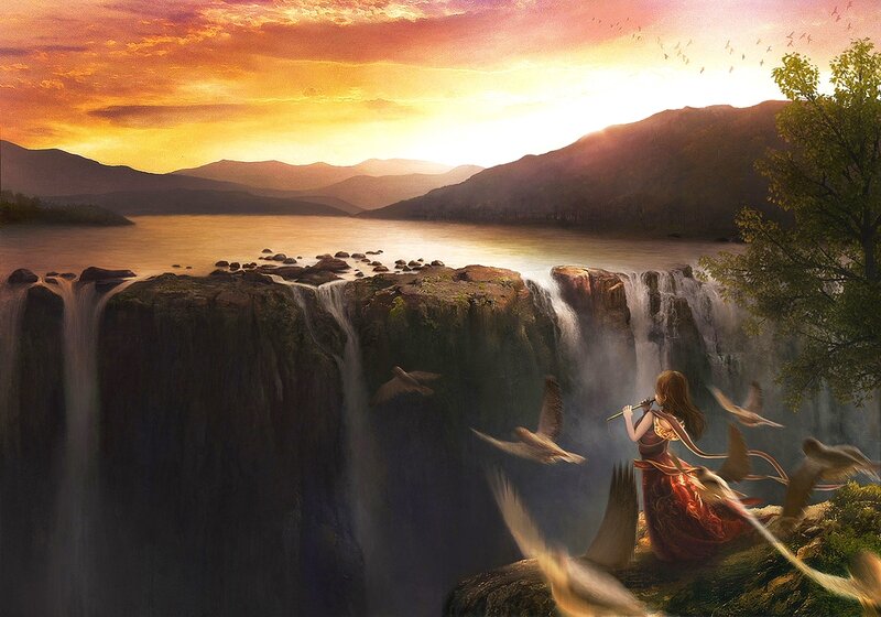 Woman Playing Flute by Waterfall — Orange
