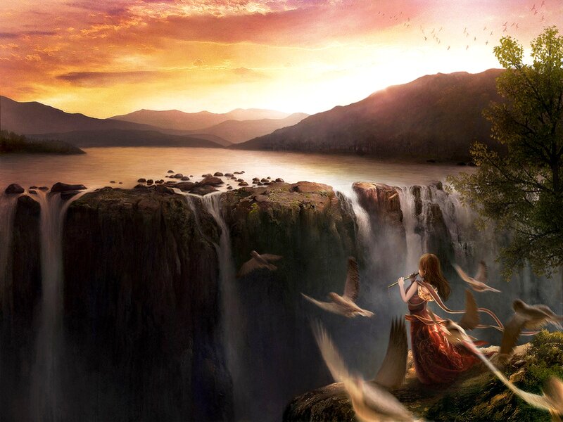 Woman Playing Flute by Waterfall