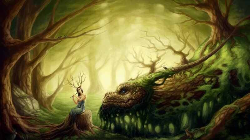 woman playing flute for a dragon
