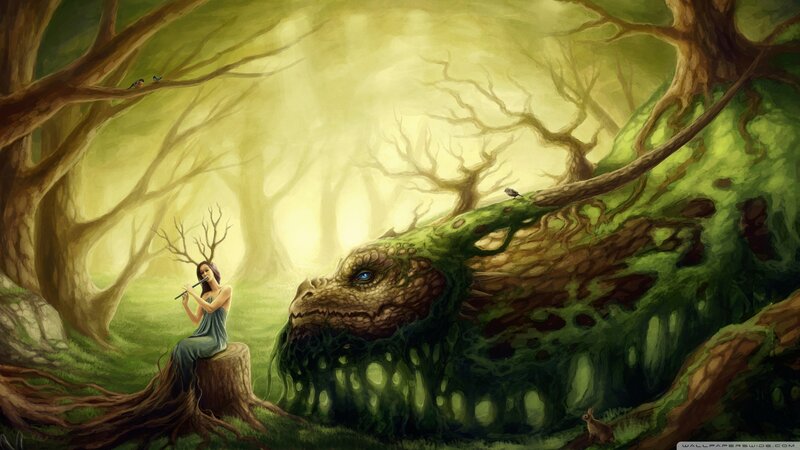Woman Playing Flute for Dragon — Green