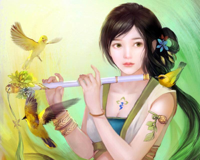 Woman Playing Flute — Green, Serene, Digital Art, Birds