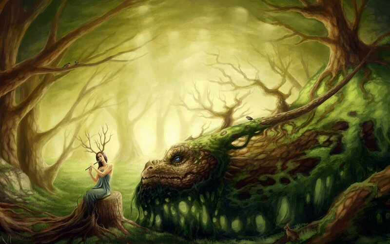 Woman Playing Flute — Green, Serene, Morning, Digital Art, Dragon, Forest