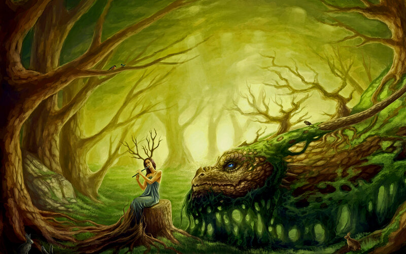 Woman Playing Flute — Green, Serene, Morning, Digital Art, Dragon
