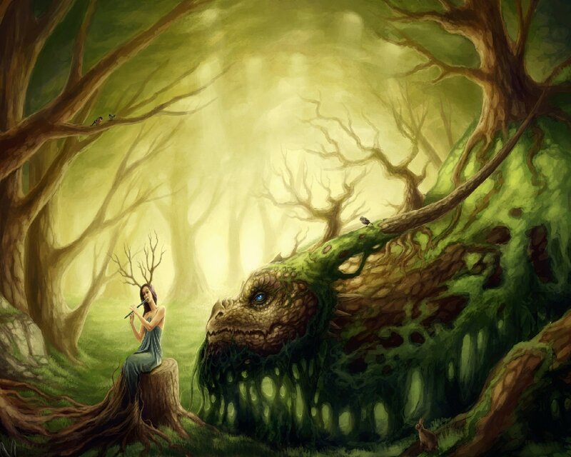 Woman Playing Flute — Green, Serene, Morning, Digital Art