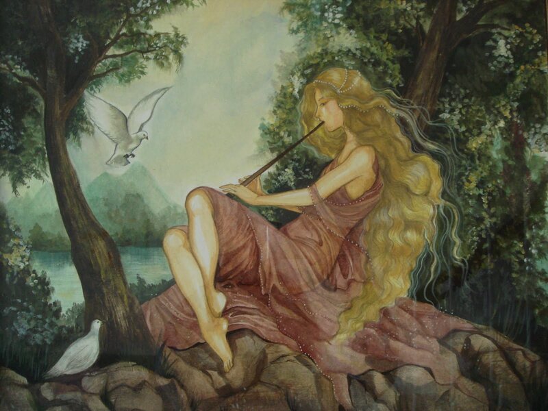 Woman Playing Flute — Green, Serene, Morning, Painting
