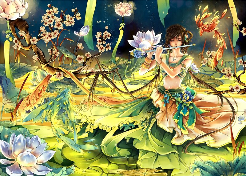 Woman Playing Flute — Green, Serene, Night
