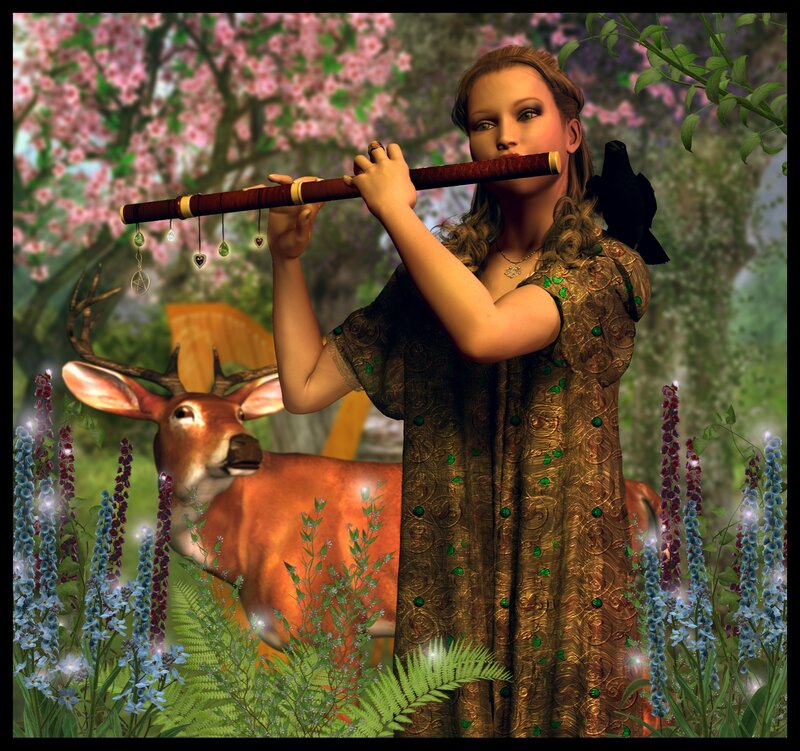 Woman Playing Flute — Green, Serene, Spring