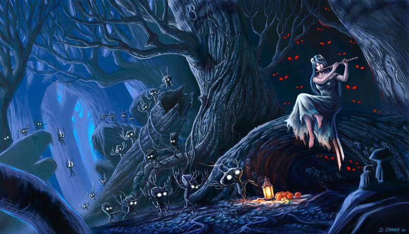 Woman playing flute in a dark forest