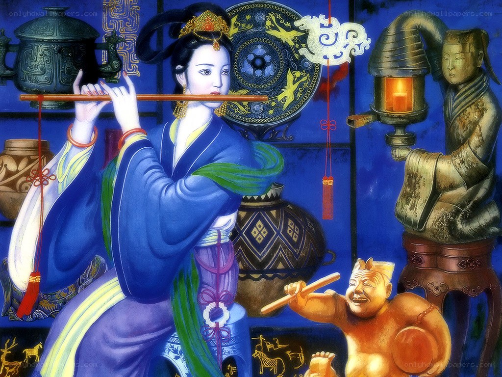 Woman playing flute in ancient setting