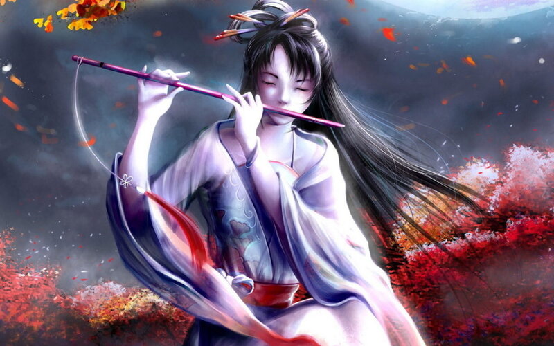 Woman playing flute in autumn