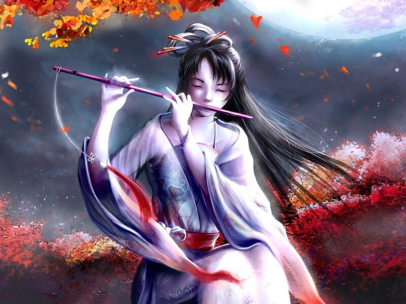 Woman playing flute in autumn