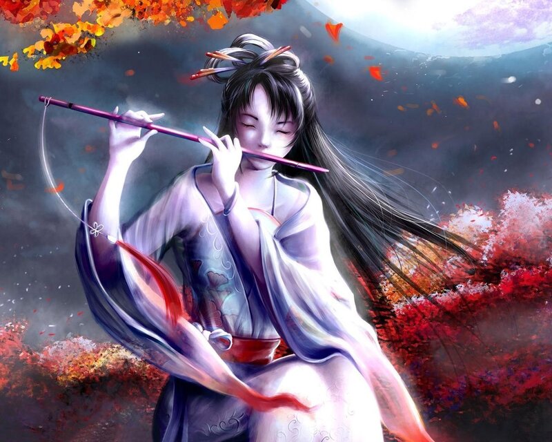 Woman playing flute in autumn