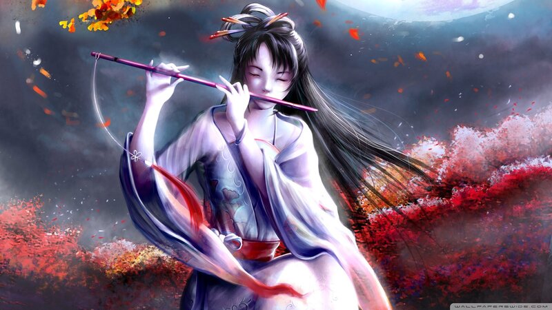 Woman playing flute in autumn