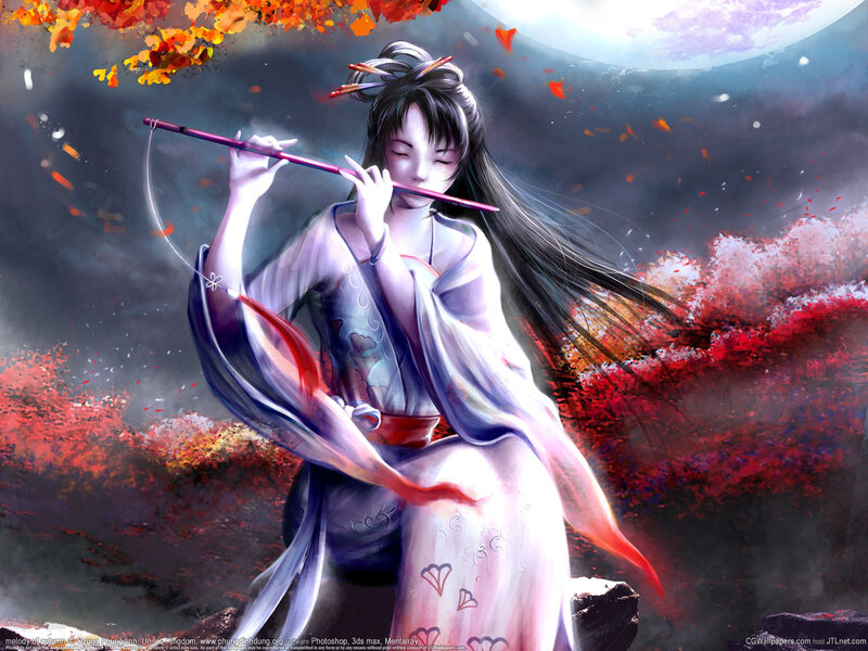 Woman playing flute in autumn