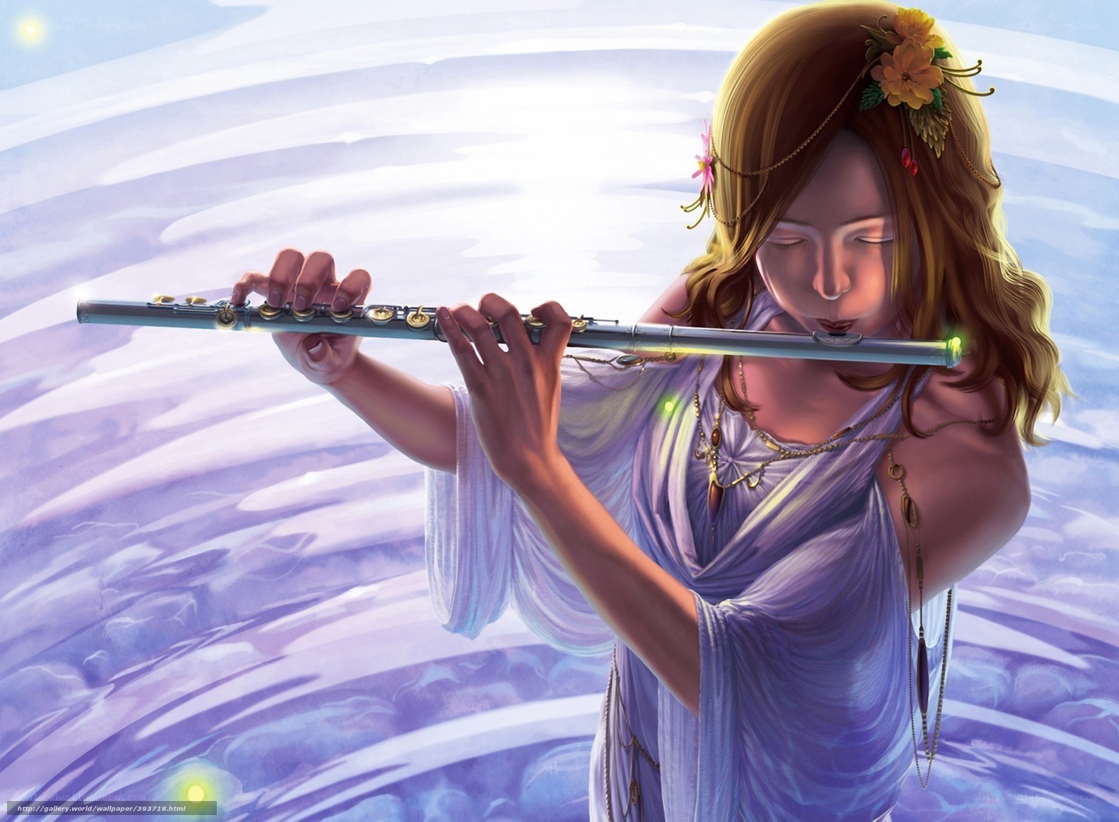 woman playing flute in dreamy scene