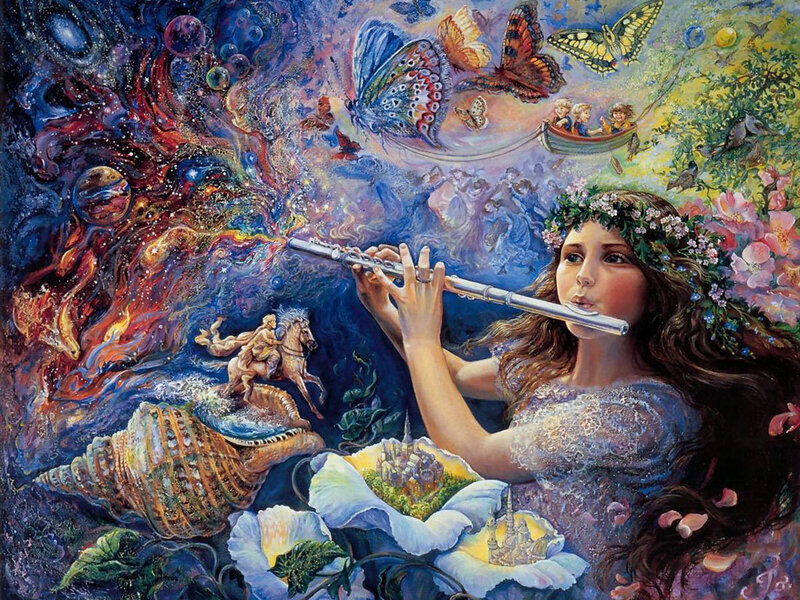 Woman playing flute in fantasy scene