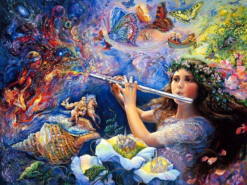 Woman playing flute in fantasy scene