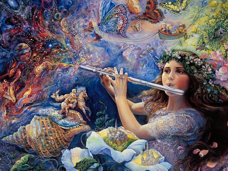 woman playing flute in fantasy scene