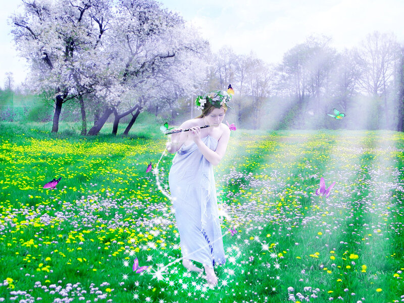 Woman Playing Flute in Field