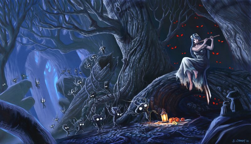 Woman Playing Flute in Forest — Blue, Dark