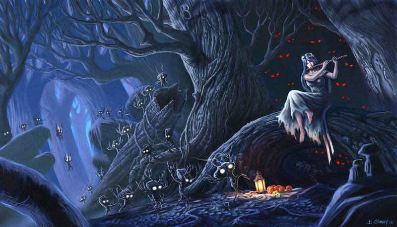 Woman Playing Flute in Forest — Blue, Mysterious