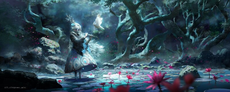 Woman Playing Flute in Forest — Blue, Serene