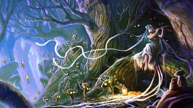Woman Playing Flute in Forest — Blue