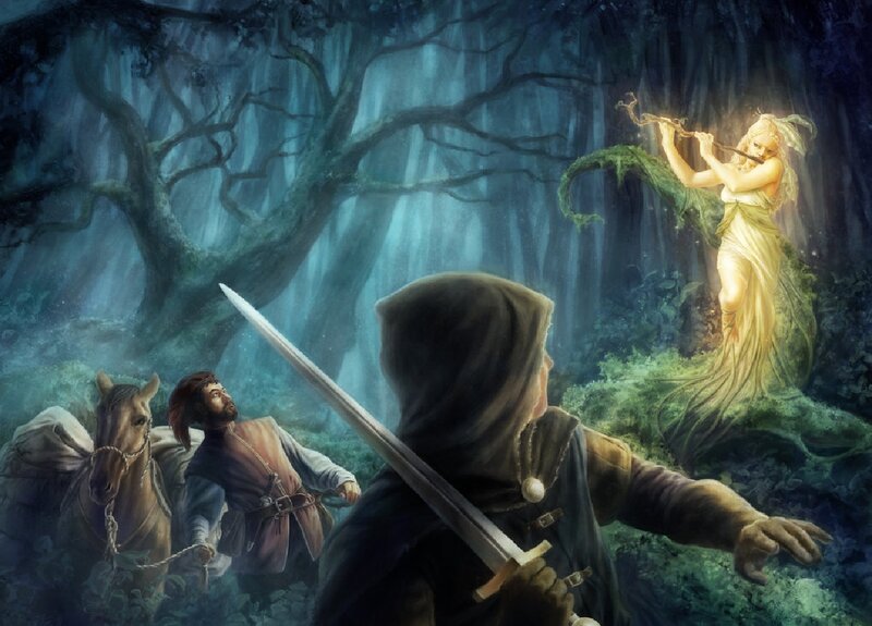 Woman Playing Flute in Forest — Green, Dramatic