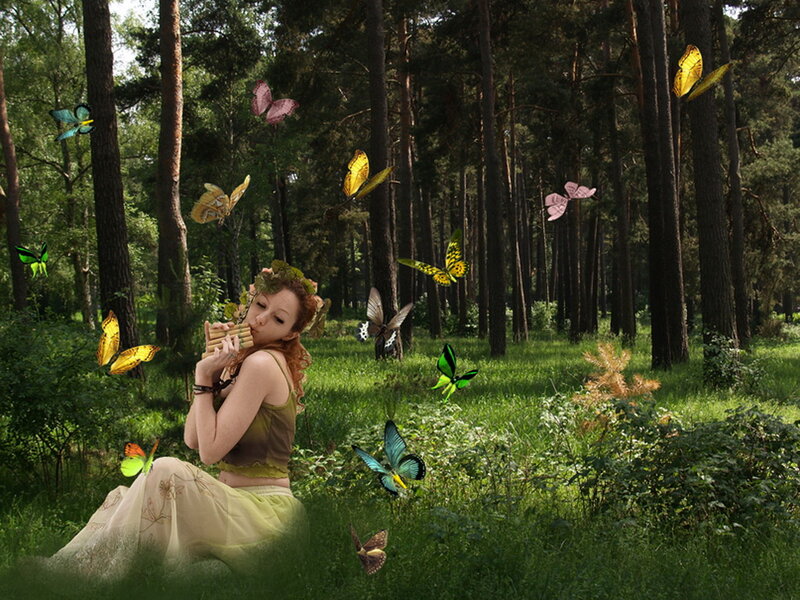 Woman Playing Flute in Forest — Green, Serene