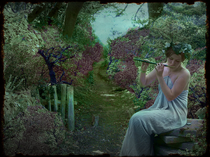 Woman Playing Flute in Forest — Green