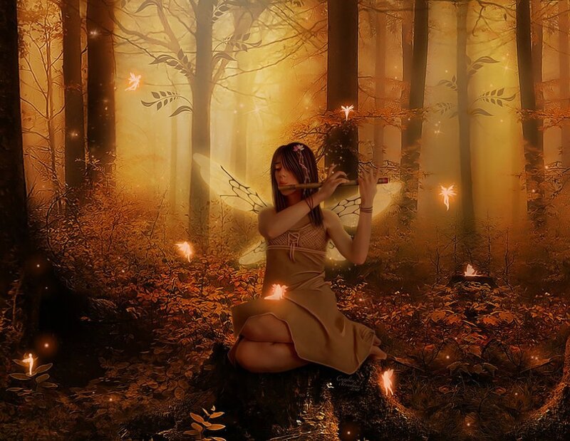 Woman Playing Flute in Forest — Orange