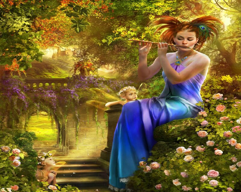 Woman Playing Flute in Garden — Blue