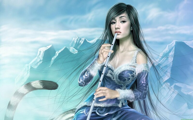 woman playing flute in icy landscape