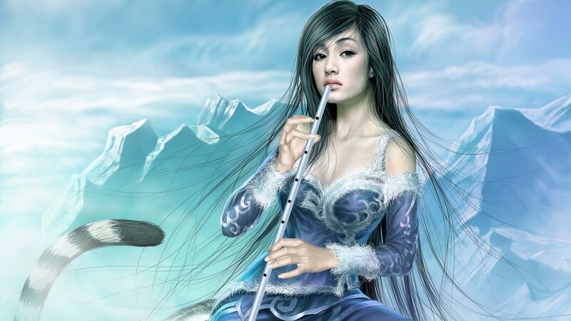 woman playing flute in snowy landscape