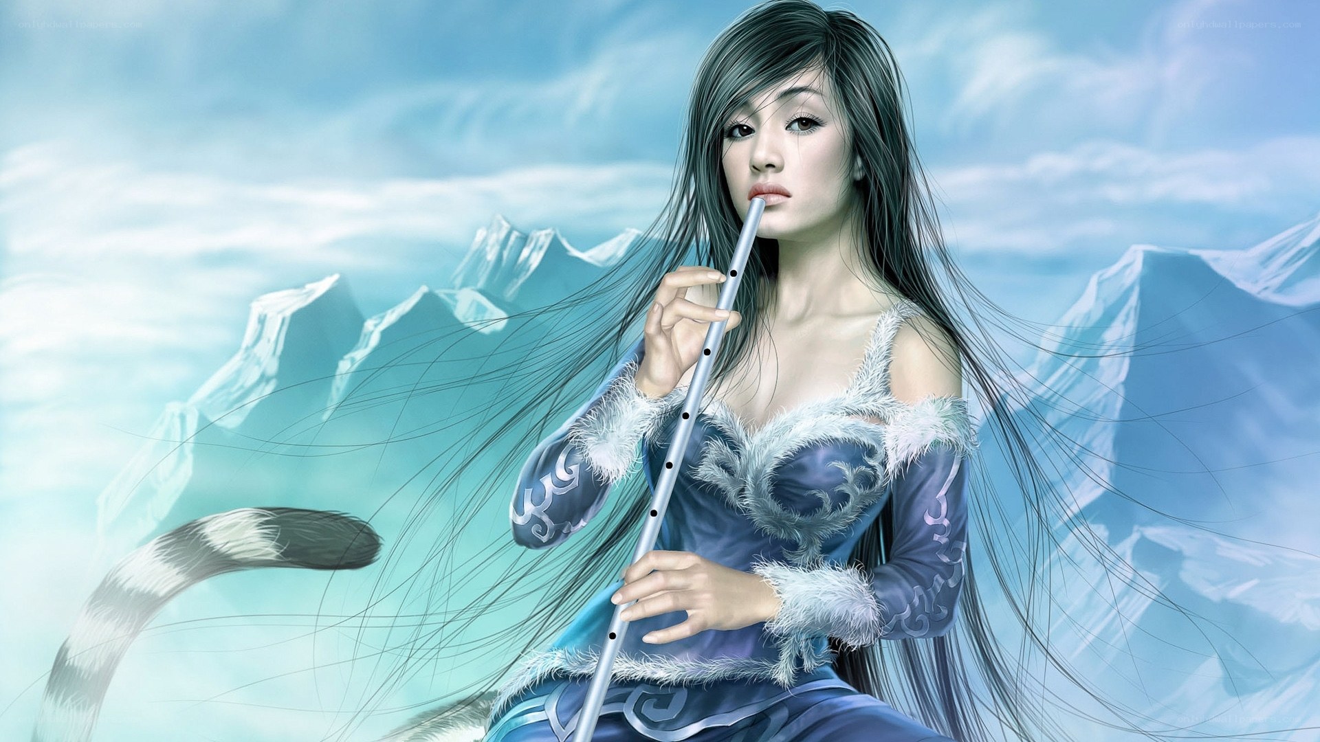 woman playing flute in snowy landscape